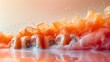   A collection of sushi rolls atop a table, neighboring an amassed pile of orange and pink liquid