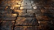   A tight shot of a cobblestone street, glinting from reflections of light on its stones