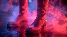   Red High Heels - A Pair Standing Before A Pink-blue Backdrop, Atop A Water Puddle