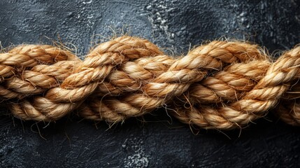   A tight knot of rope against a black leather backdrop, with a minimal strand of hair at its tip