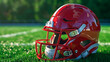 Red american football helmet on the grass of a football field