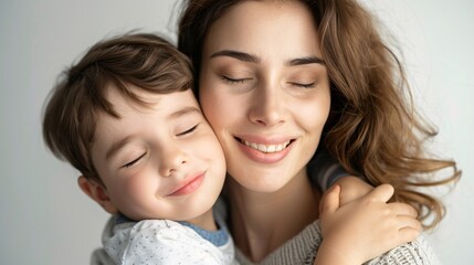 Wall Mural - mother hugs her little son and smiles