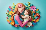 Fototapeta Kosmos - Mother holding baby around by flowers, Relation ship between mother and baby, Mothers day concept, papercut art, greeting, wishes