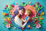 Fototapeta Kosmos - Mother holding baby around by flowers, Relation ship between mother and baby, Mothers day concept, papercut art, greeting, wishes
