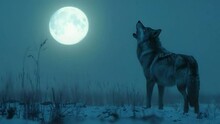 A Wolf Is Standing In The Snow And Looking Up At The Moon 4K Motion