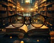 Magical Bookworm, Vintage Glasses, Surrounded by Floating Books, Cozy Library Nook, Rainy Day, Realistic, Golden Hour, Depth of Field Bokeh Effect