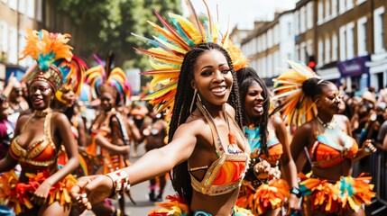 Wall Mural - The vibrant parade of Notting Hill Carnival in London, with dancers and musicians celebrating Caribbean culture amidst a jubilant crowd.