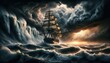 ancient tall ship is caught in the heart of a ferocious tempest. Towering waves surge around the vessel, while ominous clouds roil in the sky.