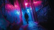 Neon-lit alley, shadowy figure, graffiti walls, mysterious noir vibe.