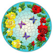 Illustration in the style of a stained glass window with a floral wreath of roses and butterflies on a blue background, round image