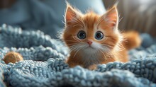 A 3D Cute Cartoon Illustration Of A Playful Kitten, Depicted On A Solid Blue Background, Showcasing Its Lively Expressions And Fluffy Fur In Realistic Detail As If Captured By An HD Camera