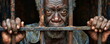 Exhausted old African American man behind jail grid portrait. Punishment of illegal immigrant from poor dangerous country. Migration laws.