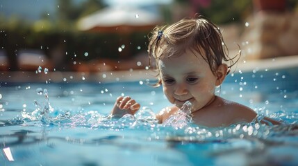 Poster - A small child having fun in a pool. Ideal for summer themed designs