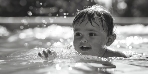 Poster - A young child enjoying a swim in a pool. Suitable for summer-themed designs