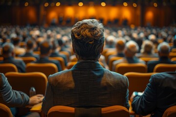 Wall Mural - The image captures the back view of a man immersed in watching a presentation in an auditorium filled with people