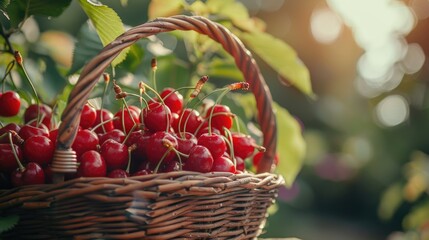 Poster - Fresh cherries in a basket on a table, perfect for food and fruit related designs