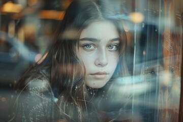 Poster - A woman looking out of a window. Suitable for various concepts and designs