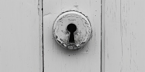 Poster - Old keyhole on a white wooden door, suitable for security or mystery concepts