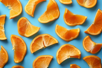 Wall Mural - Freshly sliced oranges arranged in a vibrant pattern on a blue background, showcasing their juicy texture and colorful appeal