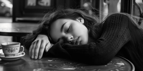 Poster - A woman peacefully sleeping on a table with a cup of coffee. Perfect for illustrating relaxation or work break concepts