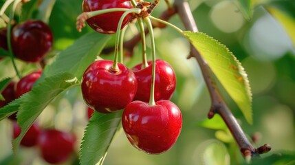 Poster - Fresh cherries hanging from a tree, ideal for food and agriculture concepts