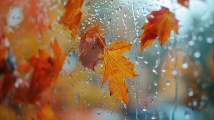 Poster - Close-up of a window with leaves, suitable for nature or autumn themes
