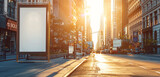 Fototapeta Motyle - On a bustling city street during the day, a blank banner mockup stands tall against the backdrop of skyscrapers, awaiting the placement of a captivating advertisement