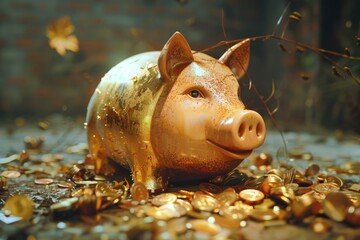 Canvas Print - A pig statue sitting on top of a pile of coins. Ideal for finance and wealth concepts