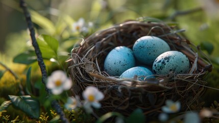 Poster - A nest filled with blue eggs on a lush green field. Perfect for spring or Easter themes