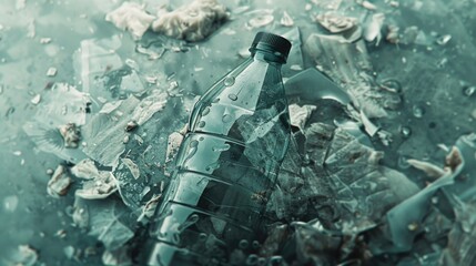Poster - A bottle of water sitting on top of a pile of debris. Suitable for environmental, disaster, or recycling concepts