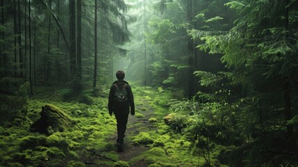 Poster - A man walking through a lush green forest. Perfect for nature and outdoor themes