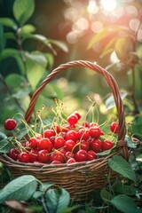 Poster - Fresh cherries in a basket, perfect for summer themes