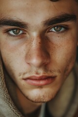 Poster - A close up portrait of a young man with freckles. Suitable for skincare and beauty concepts