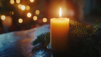Poster - A simple yet cozy image of a lit candle on a wooden table. Perfect for adding warmth to any project
