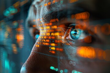Poster - Intense close-up of digital code reflections on a man's skin, depicting high-tech cyber connection