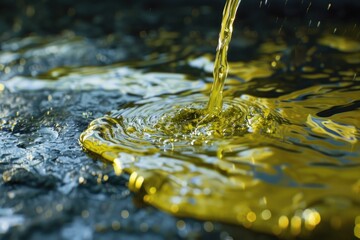 Poster - Close up of yellow liquid flowing from a faucet, suitable for concepts related to water usage and household utilities
