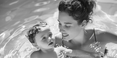 Poster - A woman and child enjoying a swim in a pool. Perfect for summer lifestyle concepts