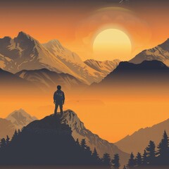 Canvas Print - A man standing on top of a mountain at sunset. Perfect for travel and adventure concepts