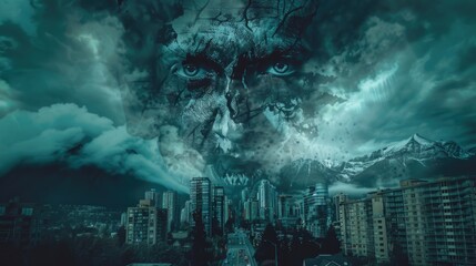 Wall Mural - A cityscape with a giant monster face, suitable for urban design projects