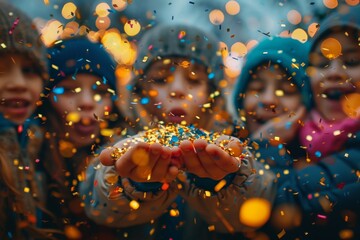 Poster - Glitter and confetti pouring lavishly into open hands against a vibrant, festive background with bokeh effects
