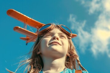 Canvas Print - Young girl with sunglasses looking up at passing airplane. Perfect for travel and aviation concepts