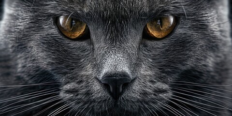 Poster - Close-up view of a cat's face with striking yellow eyes. Suitable for pet care or animal themes