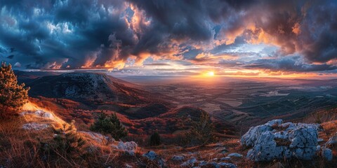Aufkleber - Beautiful sunset scene over a mountain valley, perfect for nature themed designs