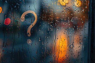 Poster - Raindrops on a window with a question mark symbol, suitable for educational or mystery-themed designs