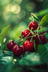 Poster - Fresh cherries hanging on a tree branch, perfect for food and nature concepts