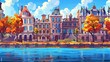 2d vintage cityscape with victorian buildings in autumn along a lake promenade. Cartoon game with colonial architecture. Modern illustration.