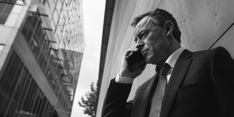 Aufkleber - A man in a suit talking on a cell phone. Suitable for business concepts