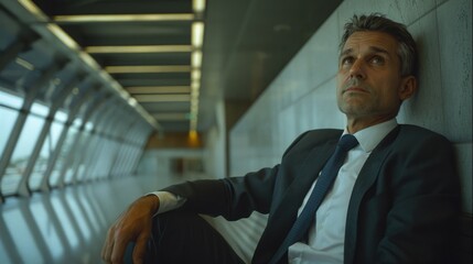 Poster - A man in a suit and tie leaning against a wall. Ideal for business concepts
