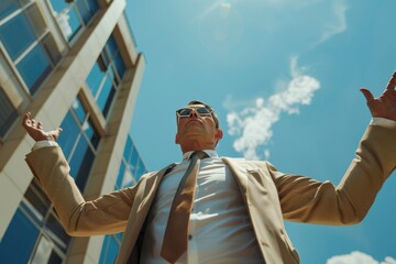 Poster - A man in a suit and tie standing in front of a modern office building. Suitable for business concepts
