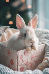 Poster - A cute white rabbit sitting in a box. Suitable for various projects and designs
